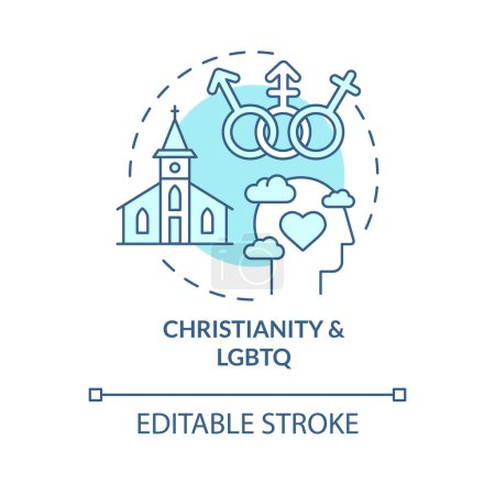 Illustration for Christianity and LGBTQ turquoise concept icon. Equity. Progress in religion abstract idea thin line illustration. Isolated outline drawing. Editable stroke. Arial, Myriad Pro-Bold fonts used - Royalty Free Image