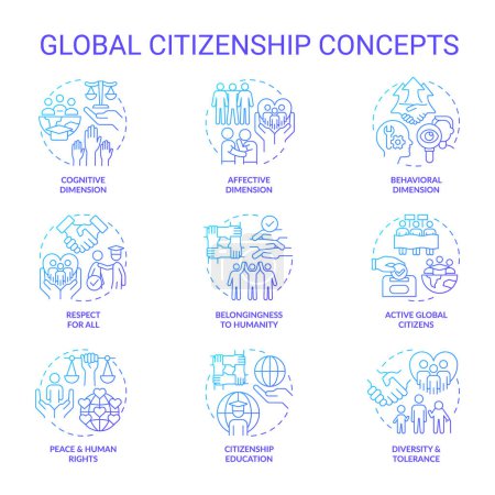 Illustration for Global citizenship blue gradient blue gradient concept icons set. Sustainable development idea thin line color illustrations. Isolated symbols. Roboto-Medium, Myriad Pro-Bold fonts used - Royalty Free Image