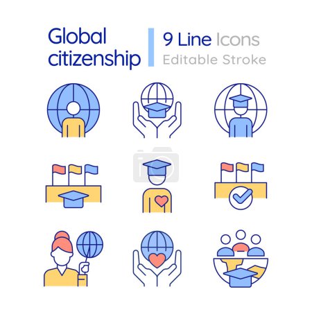 Illustration for Global citizenship RGB color icons set. Responsive citizens. Sustainable development. Civil society. Isolated vector illustrations. Simple filled line drawings collection. Editable stroke - Royalty Free Image