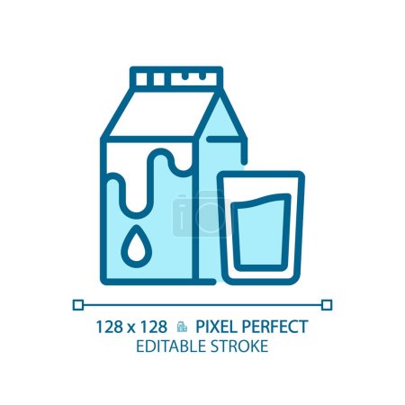 Téléchargez les illustrations : Pixel laitier parfaite icône de couleur bleue RVB. Du lait de vache. Produits agricoles. Aliments riches en calcium. Le marché des boissons. Illustration vectorielle isolée. Simple dessin de ligne rempli. Course modifiable - en licence libre de droit