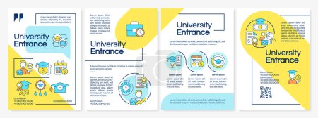 Illustration for University entrance blue and yellow brochure template. College exam. Leaflet design with linear icons. Editable 4 vector layouts for presentation, annual reports. Questrial, Lato-Regular fonts used - Royalty Free Image