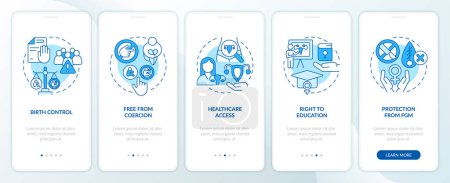 Illustration for Reproductive rights blue onboarding mobile app screen. Gender equality walkthrough 5 steps editable graphic instructions with linear concepts. UI, UX, GUI template. Myriad Pro-Bold, Regular fonts used - Royalty Free Image