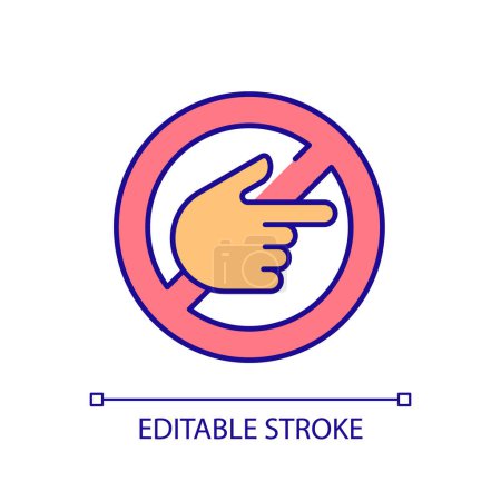 Illustration for Do not touch RGB color icon. Prohibited sign. Pointing hand. Non violent communication. No discrimination. Index finger. Isolated vector illustration. Simple filled line drawing. Editable stroke - Royalty Free Image