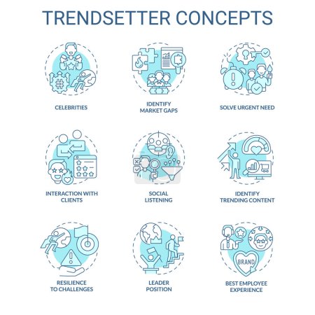 Trendsetter turquoise concept icons set. Social media. New approach. Predictive analytics. Marketing strategy. Trend setter idea thin line color illustrations. Isolated symbols. Editable stroke