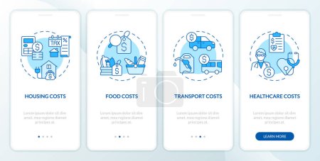 Costs of living blue onboarding mobile app screen. Personal finance walkthrough 4 steps editable graphic instructions with linear concepts. UI, UX, GUI template. Myriad Pro-Bold, Regular fonts used