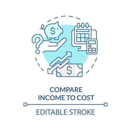Illustration for Compare income to cost turquoise concept icon. Financial statement. Cost of living. Profit and loss. Budget planning abstract idea thin line illustration. Isolated outline drawing. Editable stroke - Royalty Free Image