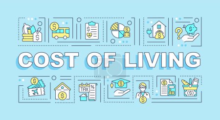 Cost of living word concepts light blue banner. Price index. Infographics with editable icons on color background. Isolated typography. Vector illustration with text. Arial-Black font used