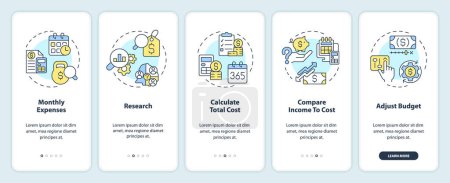 Illustration for Calculate costs of living onboarding mobile app screen. Basic need walkthrough 5 steps editable graphic instructions with linear concepts. UI, UX, GUI template. Myriad Pro-Bold, Regular fonts used - Royalty Free Image