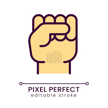 Illustration for Raised fist yellow pixel perfect RGB color icon. Gesture of protest and resistance. Political solidarity. Isolated vector illustration. Simple filled line drawing. Editable stroke. Poppins font used - Royalty Free Image