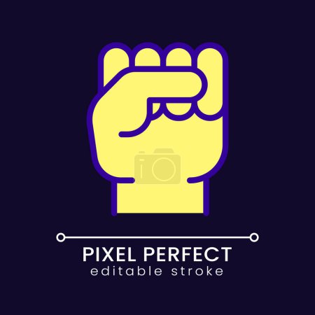 Illustration for Raised fist pixel perfect RGB color icon for dark theme. Gesture of protest. Political solidarity. Simple filled line drawing on night mode background. Editable stroke. Poppins font used - Royalty Free Image