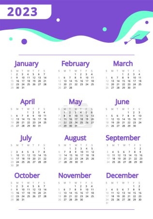 Illustration for College graduating wavy wall calendar design template for 2023 year. Editable single page 12 months blank. Week starts on Sunday. Full year custom poster ready for print. Open Sans font used - Royalty Free Image