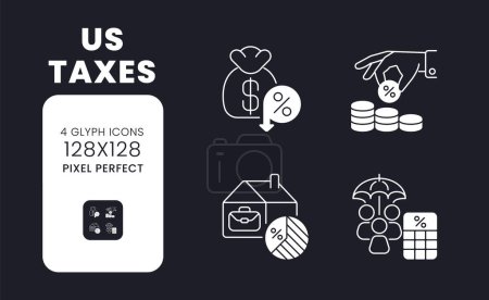 Ilustración de EE.UU. impuestos blanco sólido conjunto de iconos de escritorio. Deducciones y exenciones. Impuesto sobre la renta. Pixel perfecto 128x128, contorno 2px. Símbolos para el tema oscuro. Pictogramas de glifos. Imágenes aisladas vectoriales - Imagen libre de derechos