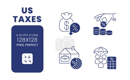Ilustración de EE.UU. impuestos negro sólido paquete de iconos de escritorio. Deducciones y exenciones. Impuesto sobre la renta. Pixel perfecto 128x128, contorno 2px. Símbolos en el espacio blanco. Pictogramas de glifos. Imágenes vectoriales aisladas - Imagen libre de derechos
