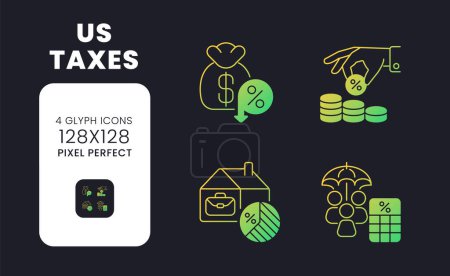 Ilustración de EE.UU. impuestos amarillo sólido gradiente iconos de escritorio. Deducciones y exenciones. Impuesto sobre la renta. Pixel perfecto 128x128, contorno 2px. Kit de pictogramas de glifos para tema oscuro. Imágenes vectoriales aisladas - Imagen libre de derechos