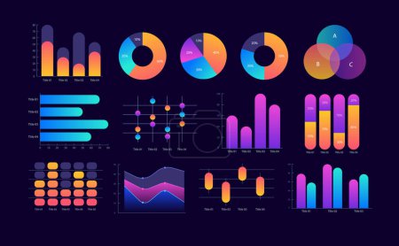 Téléchargez les illustrations : Business statistics and analytics infographic chart design template set for dark theme. Research. Visual data presentation. Bar graphs and circular diagrams collection. Myriad Pro font used - en licence libre de droit
