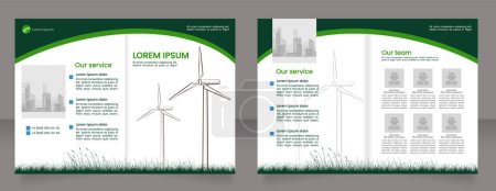 Illustration for Wind power generators bifold brochure template design. Sustainable energy plant. Half fold booklet mockup set with copy space for text. Editable 2 paper page leaflets. Poppins font used - Royalty Free Image