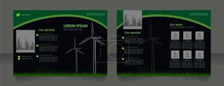 Illustration for Eco friendly power generation bifold brochure template design. Wind energy station. Half fold booklet mockup set with copy space for text. Editable 2 paper page leaflets. Poppins font used - Royalty Free Image