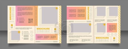 Merchandise gradient bifold brochure template design. Brand marketing. Flyers with qr code. Half fold booklet mockup set with copy space for text. 2 paper page leaflets. Arial font used
