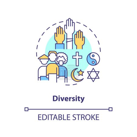 Illustration for Diversity concept icon. Cross cultural communication. Ethnic group. Racial equality. Religious freedom. Social inclusion abstract idea thin line illustration. Isolated outline drawing. Editable stroke - Royalty Free Image