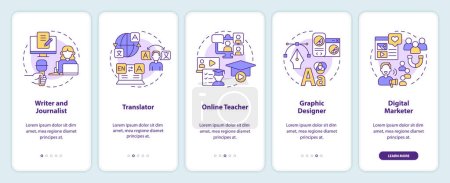 Illustration for Digital nomad occupations onboarding mobile app screen. Earn online walkthrough 5 steps editable graphic instructions with linear concepts. UI, UX, GUI template. Myriad Pro-Bold, Regular fonts used - Royalty Free Image
