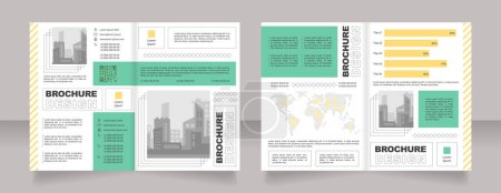 Illustration for Sustainable development bifold brochure template design. Revenue statistics. Flyers with qr code. Half fold booklet mockup set with copy space for text. Editable 2 paper page leaflets. Arial font used - Royalty Free Image