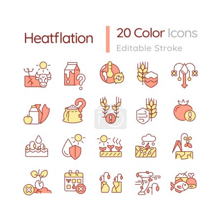 Editable color icons set representing heatflation, isolated vector, global warming impact thin line illustration.