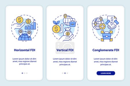 Illustration for Thin line icons representing foreign direct investment mobile app screen set. 3 steps editable graphic instructions, UI, UX, GUI template. - Royalty Free Image