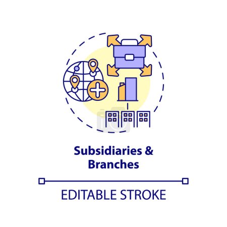 Editable subsidiaries and branches icon, isolated vector, foreign direct investment thin line illustration.