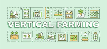 Texto de agricultura vertical con varios iconos sobre fondo monocromático verde, ilustración de vectores 2D editable.