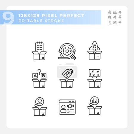 Ilustración de Pixel iconos negros perfectos que representan la gestión de productos, conjunto de ilustración de línea delgada editable. - Imagen libre de derechos