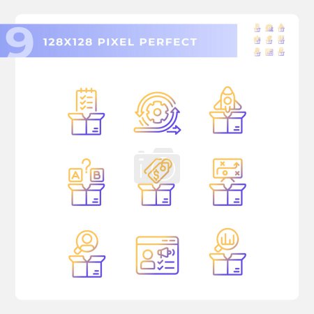 Ilustración de Pixel iconos perfectos que representan la gestión de productos, gradiente conjunto de ilustración de línea delgada. - Imagen libre de derechos