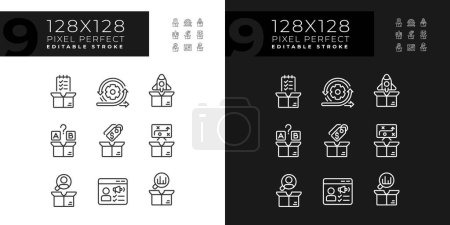 Ilustración de Iconos perfectos de píxeles para el modo oscuro y claro que representa la gestión del producto, conjunto de ilustración de línea delgada editable. - Imagen libre de derechos
