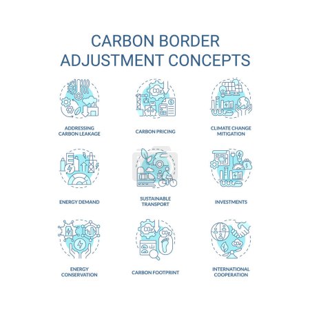 Téléchargez les illustrations : Ensemble d'icônes bleues 2D représentant les concepts linéaires d'ajustement de la frontière carbone, vecteur isolé, illustration de ligne mince. - en licence libre de droit