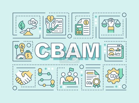 CBAM text concept with various icons on green monochromatic background, 2D vector illustration.