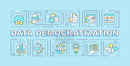 Ilustración de Data democratization text concept with various icons on blue monochromatic background, 2D vector illustration. - Imagen libre de derechos