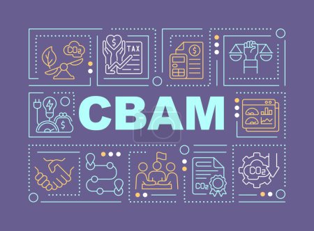CBAM text concept with various thin line icons on dark monochromatic background, 2D vector illustration.