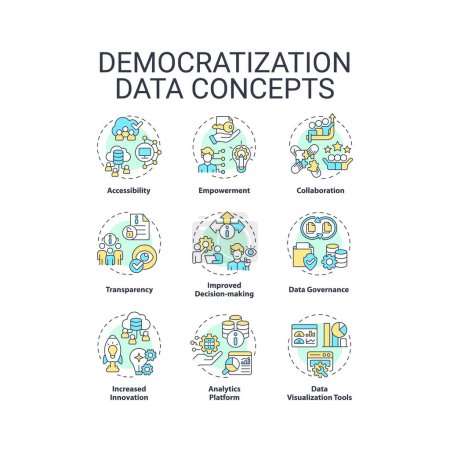 Ilustración de 2D icons set representing data democratization concepts, isolated vector, thin line illustration. - Imagen libre de derechos