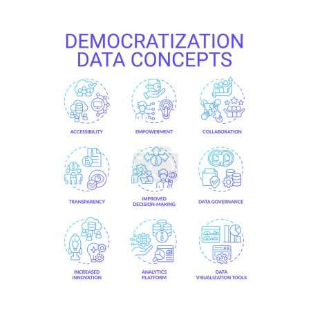 Ilustración de 2D icons set representing data democratization concepts, isolated vector, thin line illustration. - Imagen libre de derechos