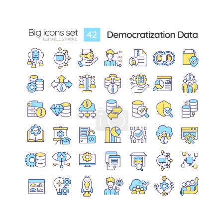 Ilustración de Conjunto de iconos grandes multicolor editables que representan la democratización de datos, vector aislado, ilustración lineal. - Imagen libre de derechos