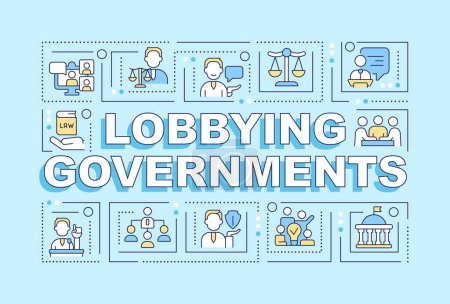 Ilustración de Lobbying gobierno concepto de texto con varios iconos sobre fondo monocromático azul, ilustración vectorial 2D. - Imagen libre de derechos