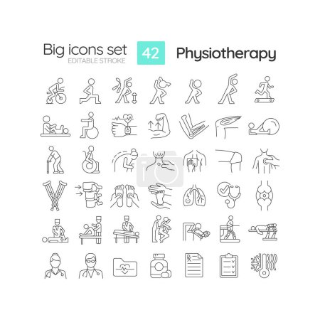 Physiotherapy linear icons set. Physical therapy. Rehabilitation center. Back pain. Sport injury. Customizable thin line symbols. Isolated vector outline illustrations. Editable stroke