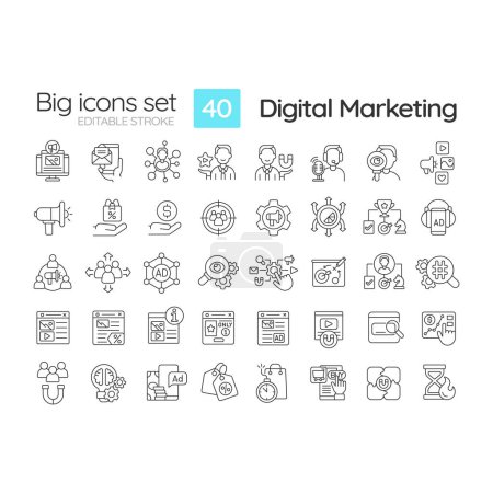 Digital marketing linear icons set. Social media. Online advertising. Brand strategy. Search engine optimization. Customizable thin line symbols. Isolated vector outline illustrations. Editable stroke