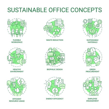 Ilustración de Conjunto de iconos verdes editables en 2D que representan conceptos de oficina sostenibles, vector aislado, ilustración monocromática de línea delgada. - Imagen libre de derechos