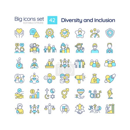 Illustration for Diversity and inclusion RGB color icons set. Equal opportunity. Unconscious bias. Social justice. Isolated vector illustrations. Simple filled line drawings collection. Editable stroke - Royalty Free Image