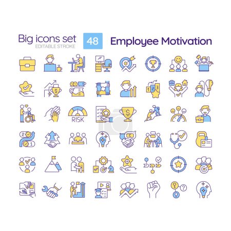 Employee motivation RGB color icons set. Job satisfaction. Positive attitude. Career development. Isolated vector illustrations. Simple filled line drawings collection. Editable stroke