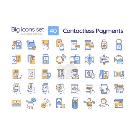Illustration for Contactless payment RGB color icons set. Debit card. Tap and pay. Online banking. Pos terminal. Nfc technology. Isolated vector illustrations. Simple filled line drawings collection. Editable stroke - Royalty Free Image