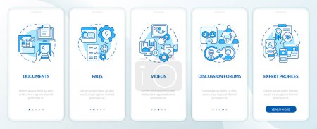 Ilustración de Iconos de línea azul 2D que representan el conjunto de pantalla de la aplicación móvil de gestión del conocimiento. 5 pasos instrucciones gráficas, UI, UX, plantilla GUI. - Imagen libre de derechos