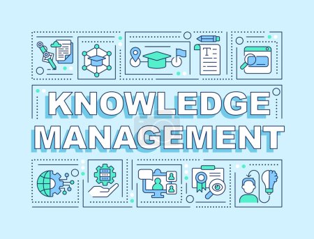 Illustration for Knowledge management text with various line icons on blue monochromatic background, 2D vector illustration. - Royalty Free Image