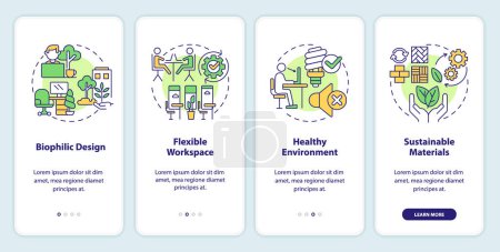 Ilustración de Iconos de línea delgada coloridos 2D que representan conjunto de pantalla de aplicación móvil de oficina sostenible. 4 pasos instrucciones gráficas, UI, UX, plantilla GUI. - Imagen libre de derechos