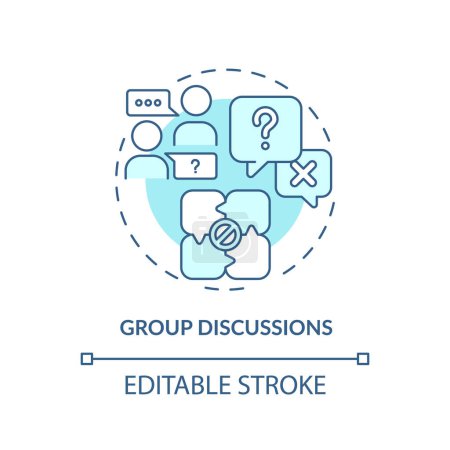 Illustration for Group discussions soft blue concept icon. Share experience. Exchange ideas. Knowledge sharing. Collaboration learning. Round shape line illustration. Abstract idea. Graphic design. Easy to use - Royalty Free Image